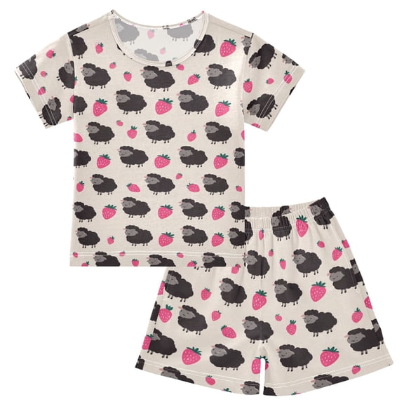 Summer Short Sleeve Pajama Sets Strawberry Black Sheep Patterns Sleepwear Nighty 95% Cotton (5-14Y)
