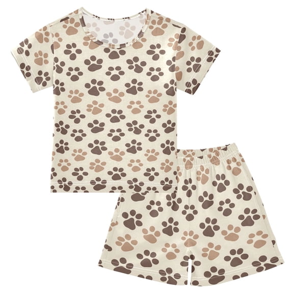Summer Short Sleeve Pajama Sets Tile Paw Print Brown Black Patterns Sleepwear Nighty 95% Cotton (5-14Y)