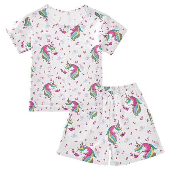 Summer Short Sleeve Pajama Sets Unicorn Bow Patterns Sleepwear Nighty 95% Cotton (5-14Y)