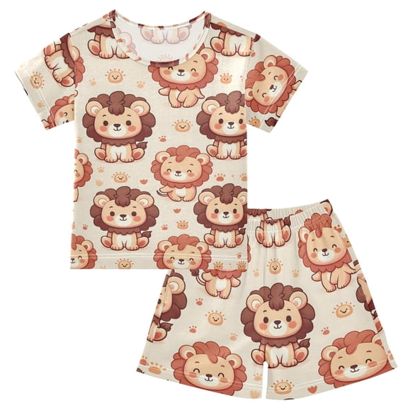Summer Short Sleeve Pajama Sets with Cute Lion Character Patterns Sleepwear Nighty 95% Cotton (5-14Y)