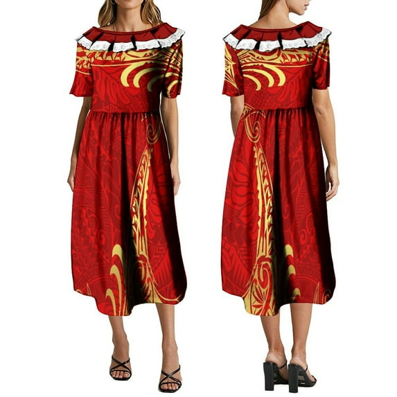 Summer Short Sleeve Ruffle Neck Dress High Quality Loose Casual Dress Custom Polynesian Dress With Fashion Pattern