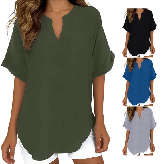 Summer for Short Sleeve Shirts Casual V Neck Solid Color Tunic Blouses Tee Womens Long Sleeve Shirts for Layering Womens Running Clothes Casual T Shirt for Women Short Sleeve Scrub Jackets