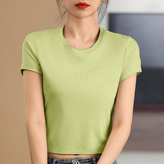 Summer Short Sleeve Shirts For Women Cotton Crew Neck Solid Color Loose Casual Tops T-shirt Women's Fashion Green Color Size L Pullover Blouse