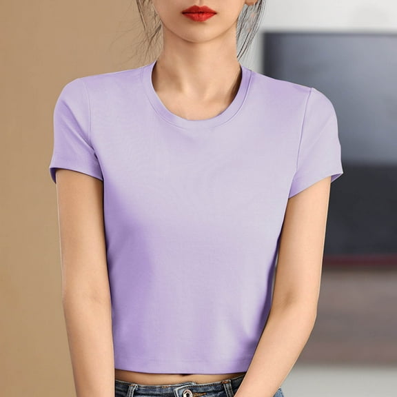 Summer Short Sleeve Shirts For Women Cotton Crew Neck Solid Color Loose Casual Tops T-shirt Women's Fashion Purple Color Size L Pullover Blouse