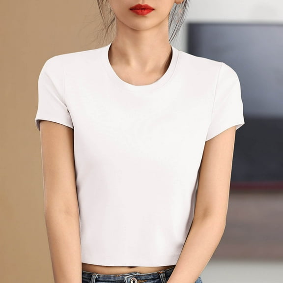 Summer Short Sleeve Shirts For Women Cotton Crew Neck Solid Color Loose Casual Tops T-shirt Women's Fashion White Color Size L Pullover Blouse