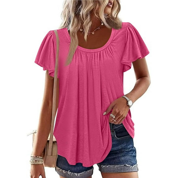 Summer Short Sleeve Shirts For Women Crew Neck Plus Size Solid Color Loose Flowy Casual Tops T-shirt Women's Fashion Pink Color Size XXL Scrunch Neck Pullover Blouse With Pleats