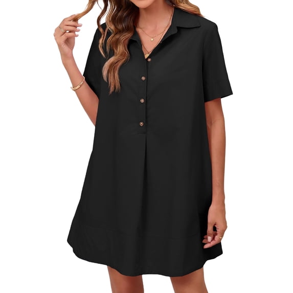 Summer Short Sleeve Solid Collared Button Down A Line Casual Loose Mini Shirt Dress
