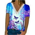 thumbnail image 1 of Summer Short Sleeve T Shirts for Women Floral Crochet Lace Trim V Neck Tunic Tops Casual Loose Blouses Tee Shirts, 1 of 5