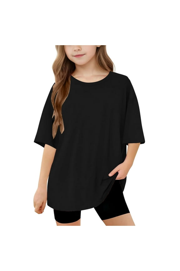 Summer Short Sleeve Tops For Kids Boys Girls Fashion Cute Solid Color Loose Soft Round Neck Versatile T-Shirt Black 8-9 Years