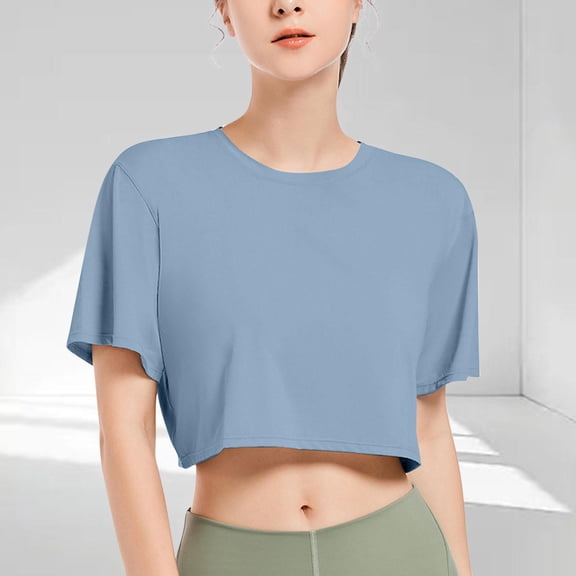 Summer Short Sleeve Tops For Women Short Sleeve Round-Neck Regular Casual Loose Fitting Tops Outfits Clothes 2026 - Blue∣L