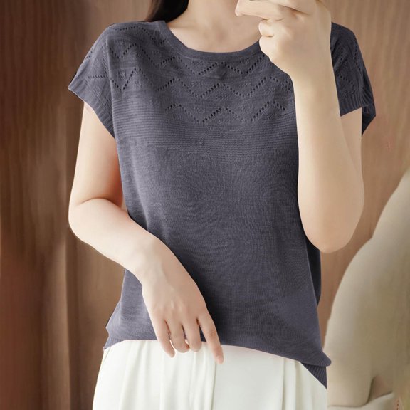 Summer Short Sleeve Tops For Women Short Sleeve Solid Color Knit Casual Round-Neck Loose Fitting Tops Outfits Clothes 2026 - Gray∣2XL