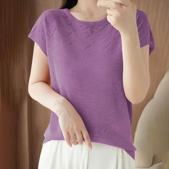 Summer Short Sleeve Tops For Women Short Sleeve Solid Color Knit Casual Round-Neck Loose Fitting Tops Outfits Clothes 2026 - Purple∣L