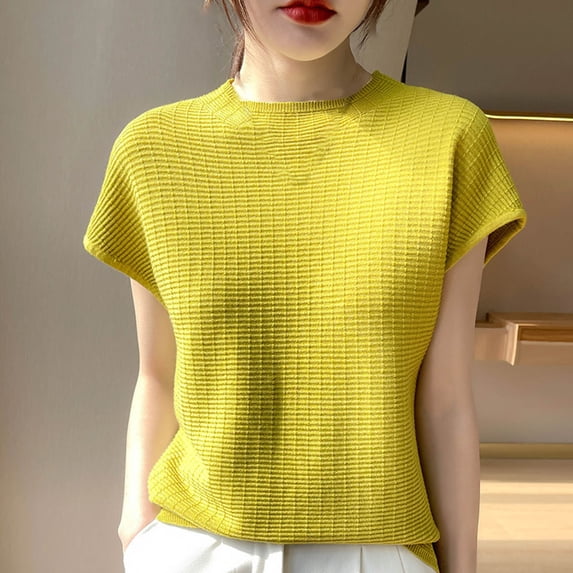 Summer Short Sleeve Tops For Women Solid Color Knit Casual Short Sleeve Round-Neck Loose Fitting Tops Outfits Clothes 2026 - Yellow∣L