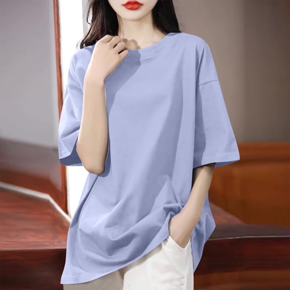 Summer Short Sleeve Tops For Women Solid Color Shoulder Down Short Sleeved Round Neck Loose Loose Fitting Tops Outfits Clothes 2026 - Purple∣2XL