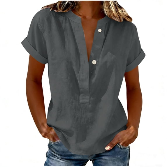 Summer Short Sleeve Tops Women Loose Fit V Neck Cotton Linen Shirts Solid Cozy Casual Beach Blouses (M, Gray)