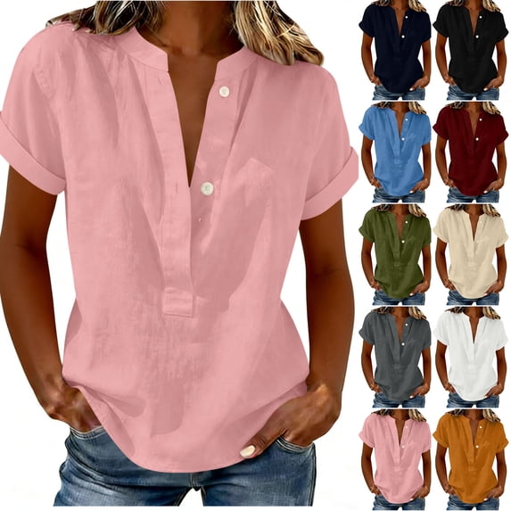 Summer Short Sleeve Tops Women Loose Fit V Neck Cotton Linen Shirts Solid Cozy Casual Beach Blouses (XL, Pink)