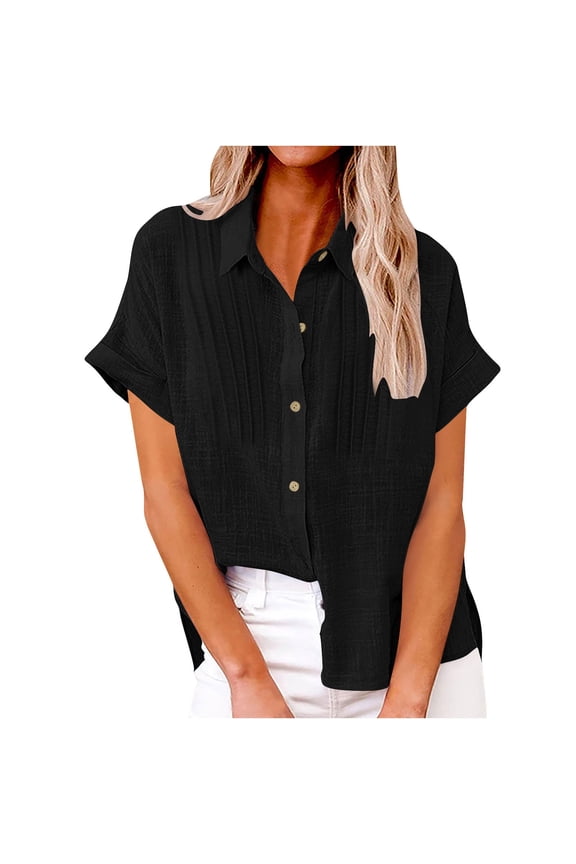 Summer Short Sleeve Tops for Women Lapel Solid Color Breasted Pleated Casual Shirt Top Tunic Shirts Casual Comfy Tops
