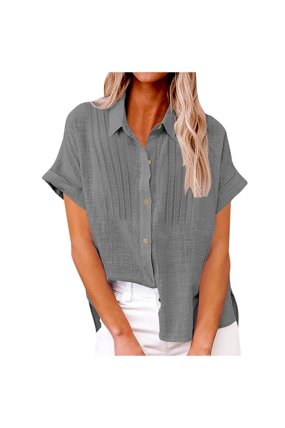 Summer Short Sleeve Tops for Women Lapel Solid Color Breasted Pleated Casual Shirt Top Tunic Shirts Casual Comfy Tops