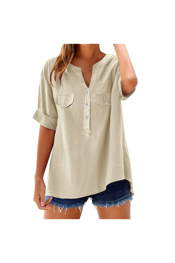 Summer Short Sleeve Tops for Women Summer Fitness Clothing Rolled Loose Fit Clothes Comfortable Womens Blouses Beige
