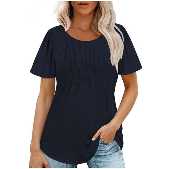 Summer Short Sleeve Tops for Women Trendy 2024 Pleated Dressy Casual Blouses Crew Neck Solid Color T Shirts (Medium, Navy)