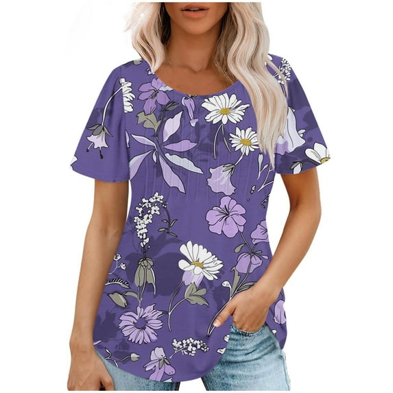 Summer Short Sleeve Tops for Women Trendy 2025 Pleated Dressy Casual Blouses Crew Neck Solid Color T Shirts (Medium, Purple 03)