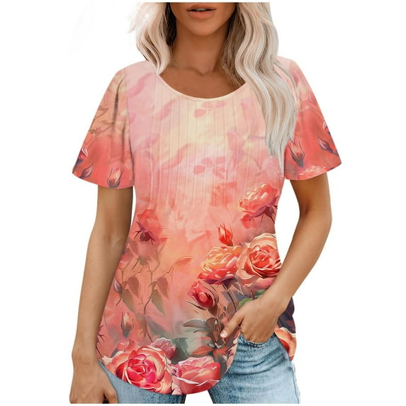 Summer Short Sleeve Tops for Women Trendy 2025 Pleated Dressy Casual Blouses Crew Neck Solid Color T Shirts (X-Large, Orange)