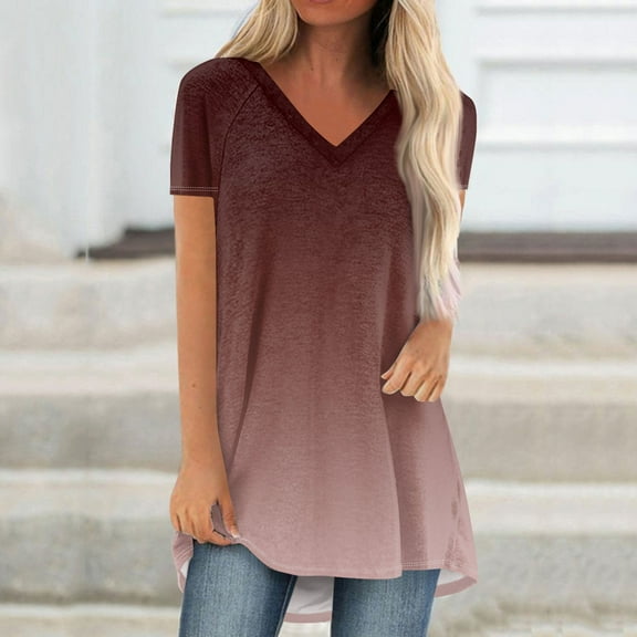 Summer Short Sleeve Tunic Long Tops for Women Trendy Plus Size Flowy Shirts Casual V Neck Smocked Floral Blouses 2024 Coffee Fashionable top