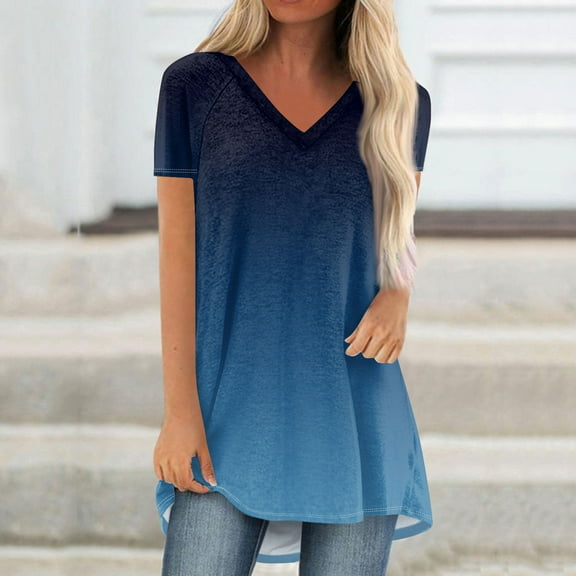 Summer Short Sleeve Tunic Long Tops for Women Trendy Plus Size Flowy Shirts Casual V Neck Smocked Floral Blouses 2024 Navy Fashionable top