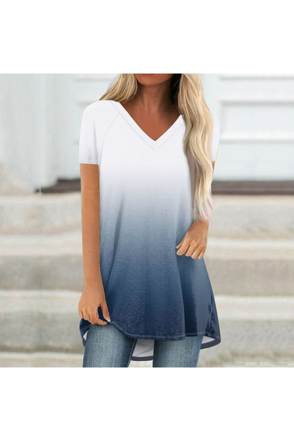 Summer Short Sleeve Tunic Long Tops for Women Trendy Plus Size Flowy Shirts Casual V Neck Smocked Floral Blouses 2024 White Fashionable top