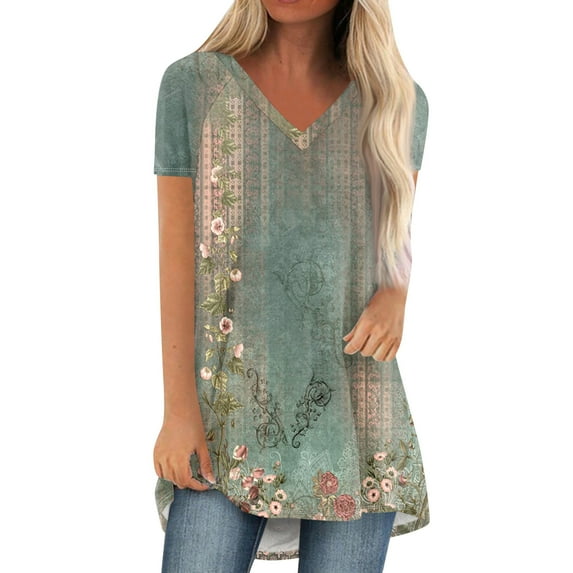 Summer Short Sleeve Tunic Long Tops for Women Trendy Plus Size Flowy Shirts Casual V Neck Smocked Floral Blouses, 4XL