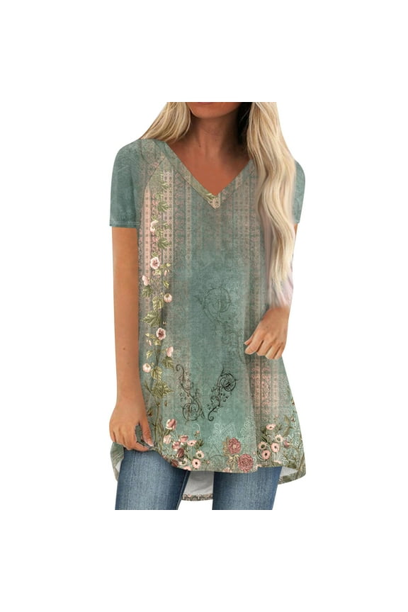 Summer Short Sleeve Tunic Long Tops for Women Trendy Plus Size Flowy Shirts Casual V Neck Smocked Floral Blouses, XXL