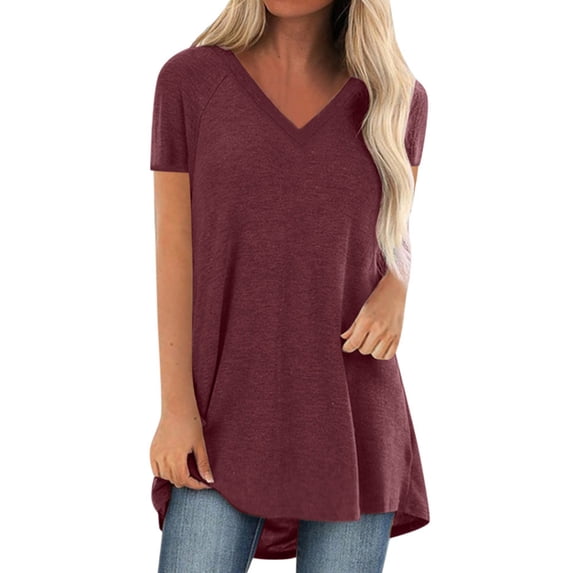 Summer Short Sleeve Tunic Tops for Women T-Shirts Loose Pullover T-shirt Plus Size V Neck Tee Blouse