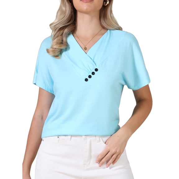 Summer Short Sleeve Tunic Tops for Women's Casual V Neck Button Shirts XL Blue