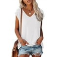 thumbnail image 1 of Summer Short Sleeve V Neck Loose Fit Spandex T Shirts for Women White Cap Casual Tops Solid Color Blouse, 1 of 6