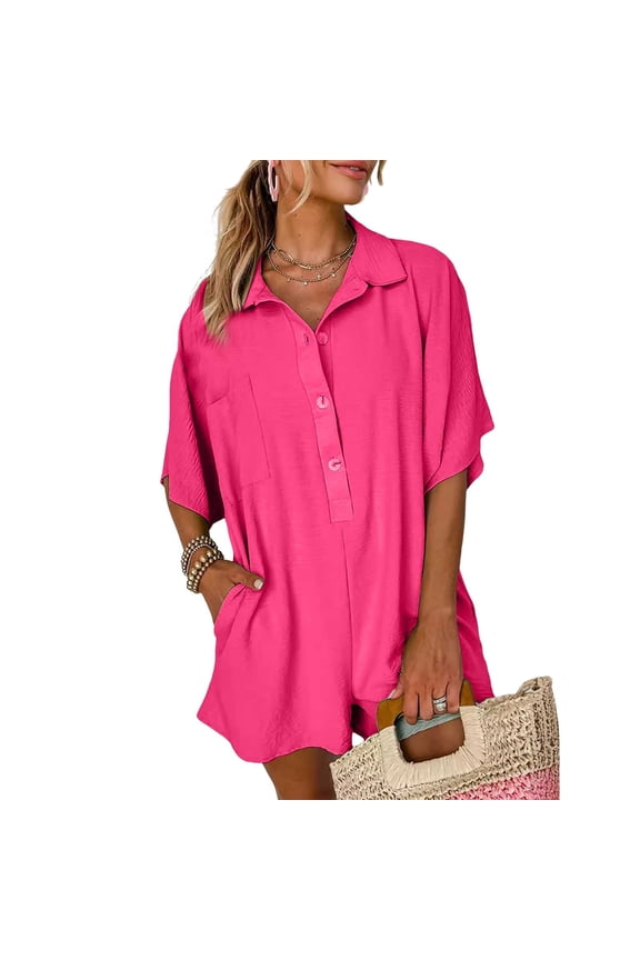 Summer Short Sleeve Women Casual Shirt Jumpsuit Button Shorts Jumpsuit Jumpsuit Spandex Womens Catsuit Rainbow Jumpsuit Women Bodysuit Long Sleeve for Women Womens Overalls Baggy Comfortable Rompers