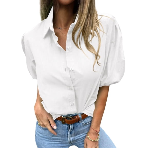 Summer Short Sleeve Women Solid Button Down Casual Puff Blouse Tops