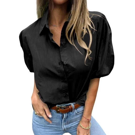 Summer Short Sleeve Women Solid Button Down Casual Puff Blouse Tops