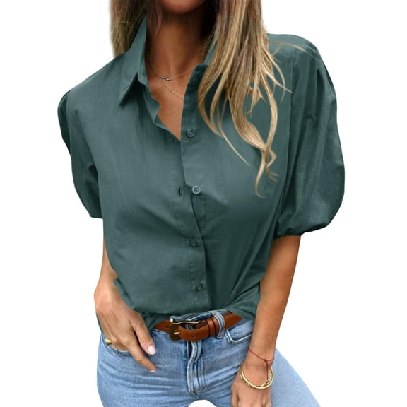 Summer Short Sleeve Women Solid Button Down Casual Puff Blouse Tops