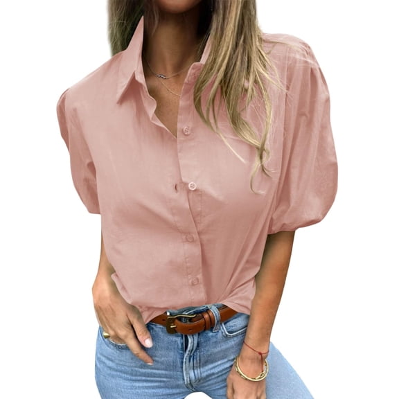 Summer Short Sleeve Women Solid Button Down Casual Puff Blouse Tops
