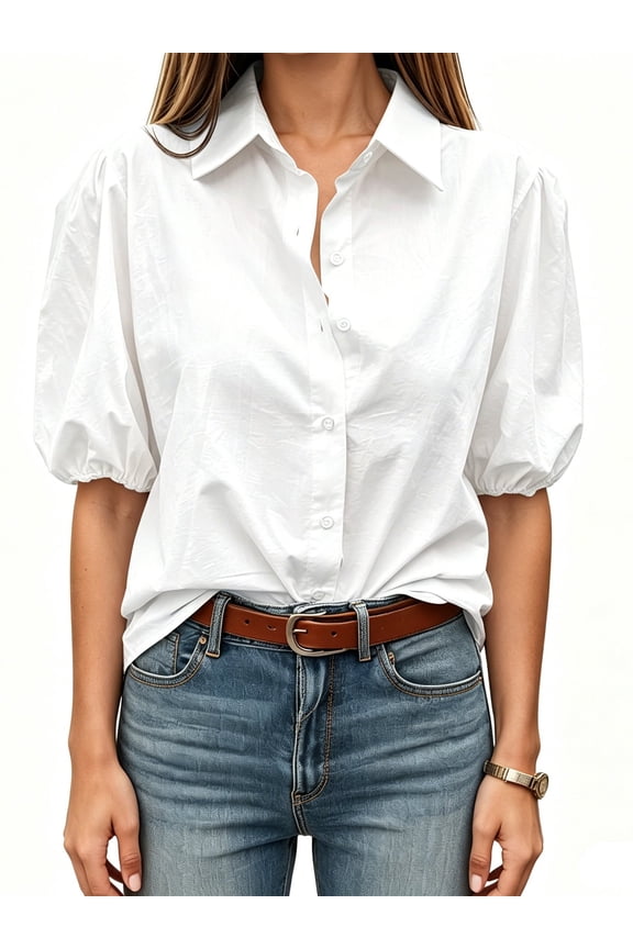 Summer Short Sleeve Women Solid Button Down Casual Puff Blouse Tops
