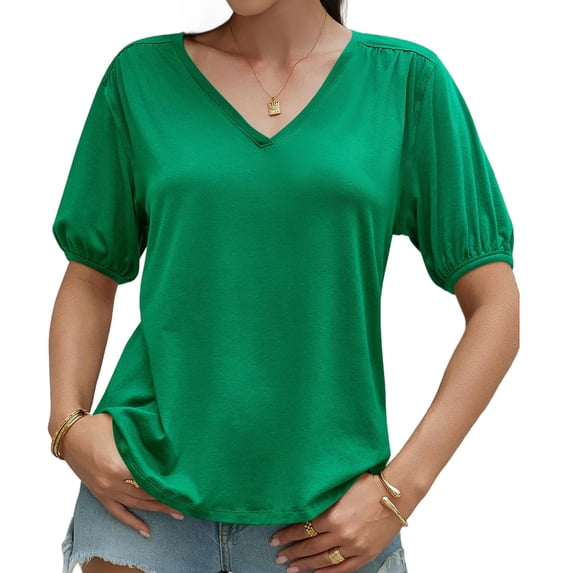 Summer Short Sleeve Women V Neck Solid Puff Sleeve T Shirt