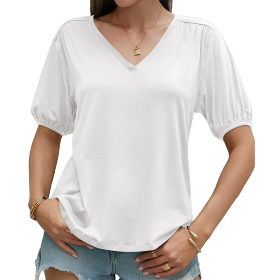 Summer Short Sleeve Women V Neck Solid Puff Sleeve T Shirt