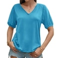 thumbnail image 1 of Summer Short Sleeve Women V Neck Solid Puff Sleeve T Shirt, 1 of 6