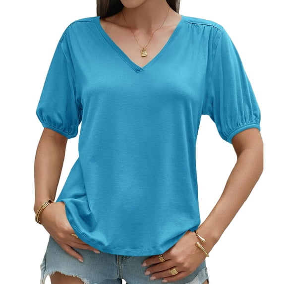 Summer Short Sleeve Women V Neck Solid Puff Sleeve T Shirt