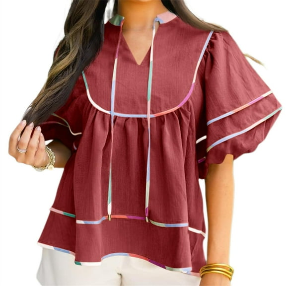 Summer Short Sleeved V-neck Flowy Blouses Casual Loose Oversize Peplum Tops