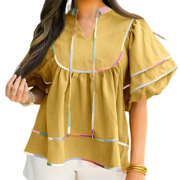 Summer Short Sleeved V-neck Flowy Blouses Casual Loose Oversize Peplum Tops