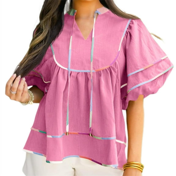 Summer Short Sleeved V-neck Flowy Blouses Casual Loose Oversize Peplum Tops
