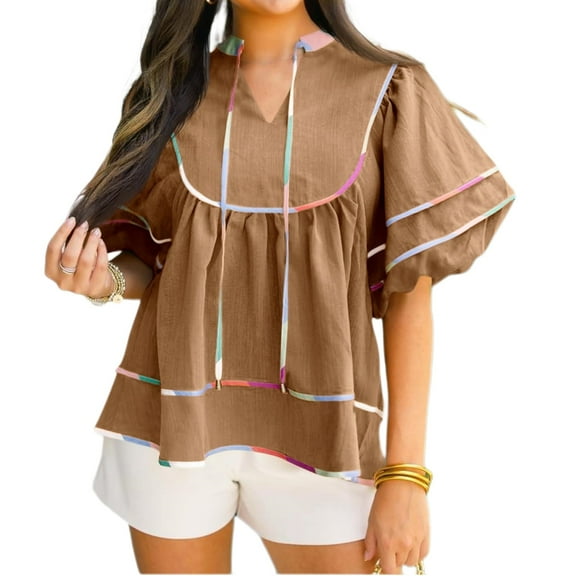 Summer Short Sleeved V-neck Flowy Blouses Casual Loose Oversize Peplum Tops