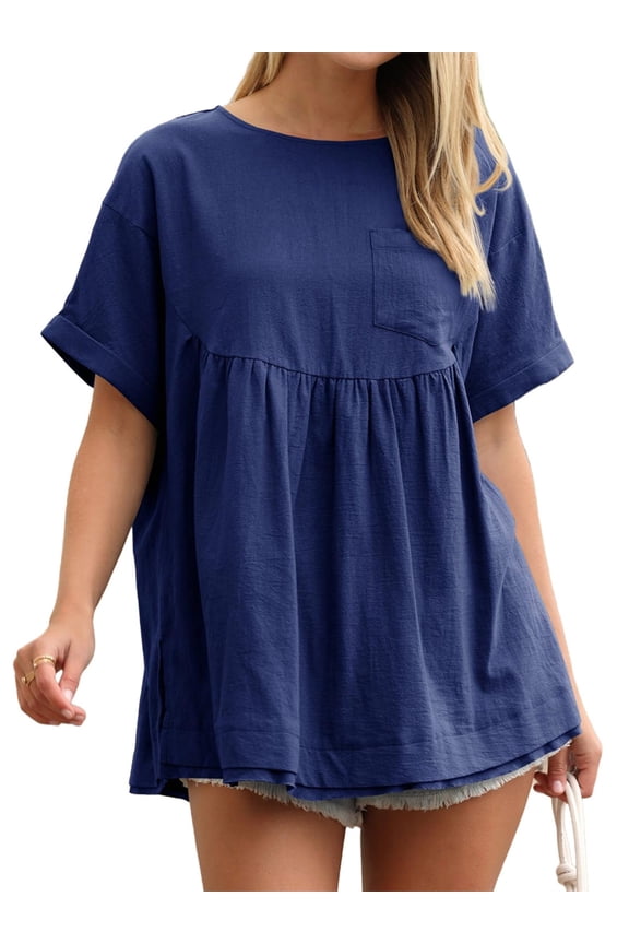 High Waist Women Short Sleeve Solid A-line Loose Blouse Tops
