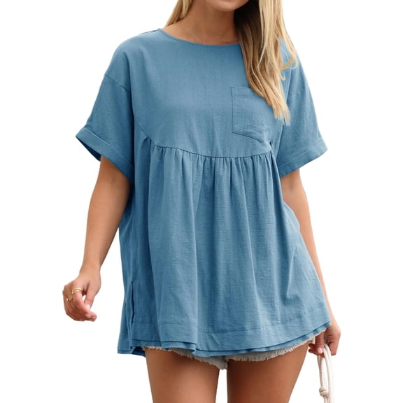 High Waist Women Short Sleeve Solid A-line Loose Blouse Tops